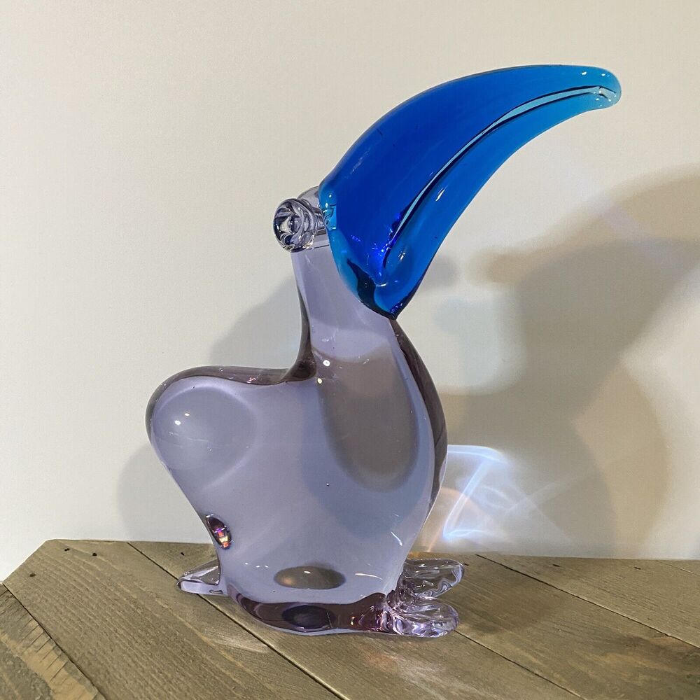 Vintage Toucan Bird Hand Blown‎ Art Glass Figurine Decor Blue Amethyst